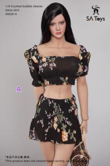 Female Crushed Bubble Sleeves and Loose Skirt Set (Black)  1:6 