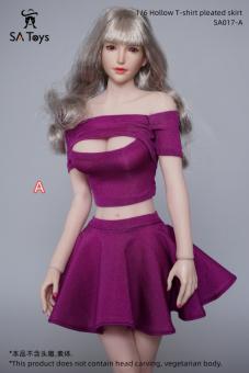 Female Hollow T-shirt and Pleated Skirt Set (Purple) 