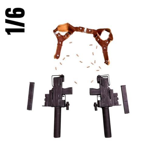 Product image of the product “1/6 Scale MAC-10 / Ingram-Style Suppressed Submachine Guns – Pair with Dual Shoulder Holster, ”