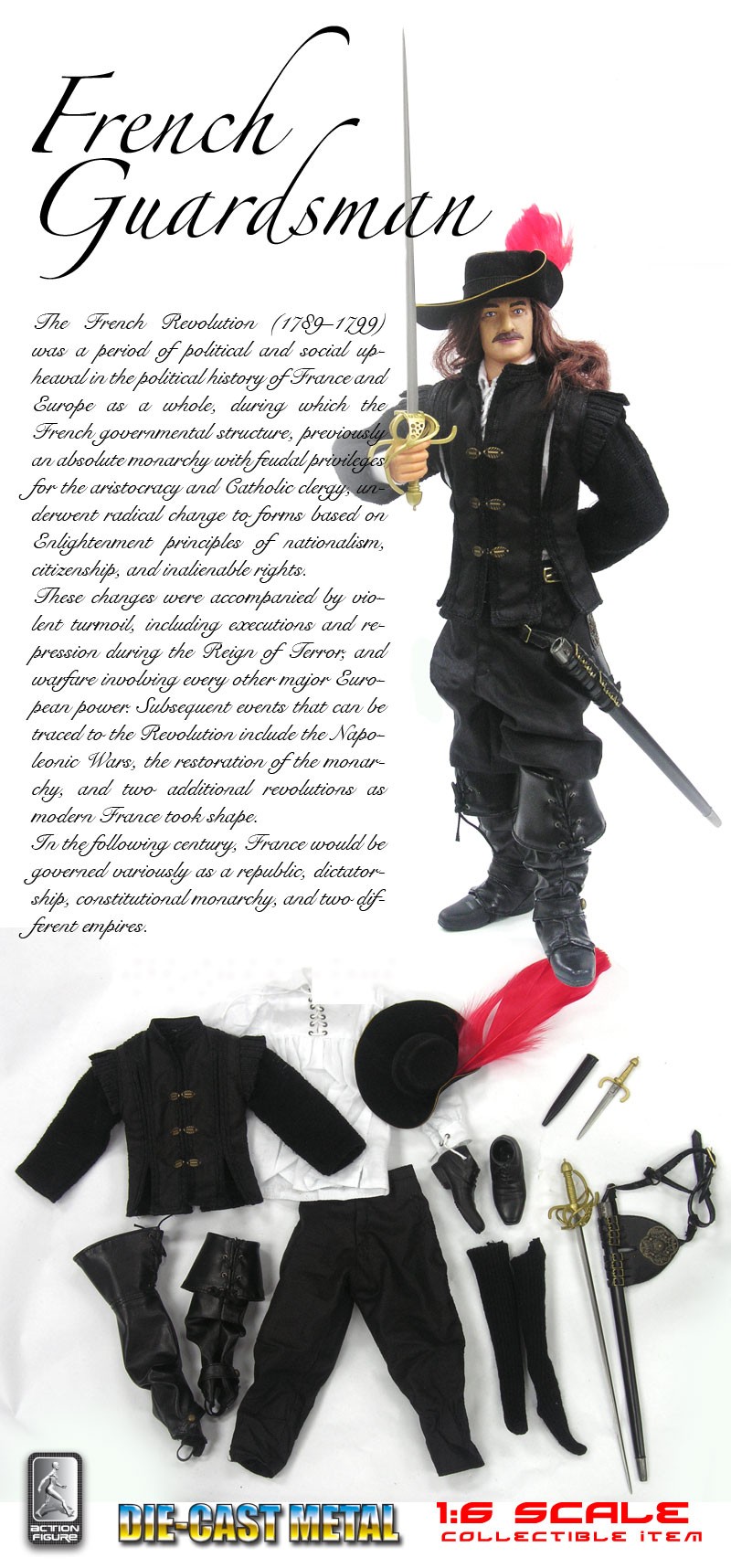  Product image 1 of the product “1:6th scale French Guardsman / Musketeer    Französische Musketer Figur im Maßstab 1:6 (ca. 30cm)   Sehr schöne Figur, stilecht mit langem Haar, aufwändigen Lederstulpen und Schuhwerk, weißes Rüschenhemd, Säbel und ein breitkrempiger Hut mit Feder.   Lief ”