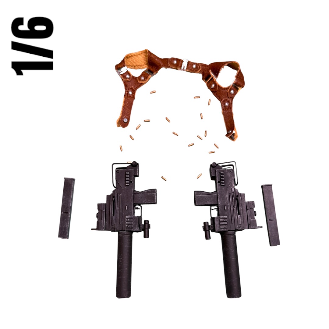  Product image 1 of the product “1/6 Scale MAC-10 / Ingram-Style Suppressed Submachine Guns – Pair with Dual Shoulder Holster, ”